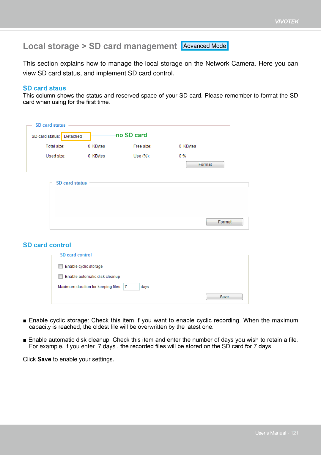 Vivotek IP8152 user manual Local storage SD card management, SD card staus, SD card control 