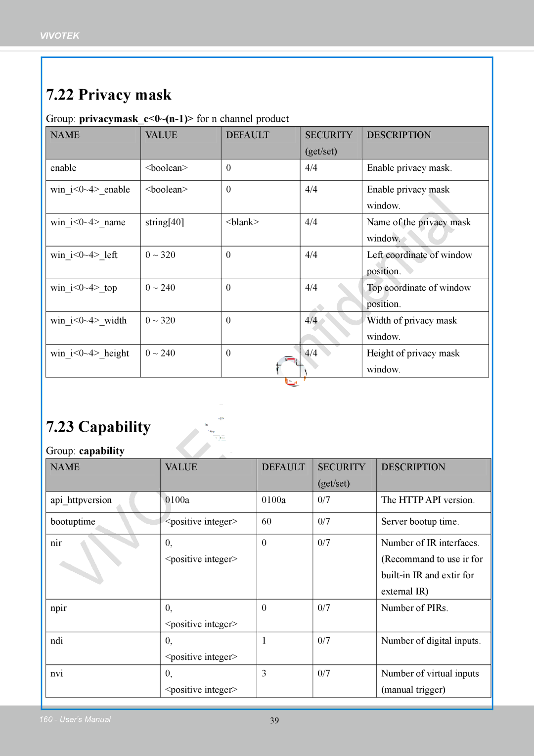 Vivotek IP8152 user manual Privacy mask, Capability, Group privacymaskc0~n-1for n channel product 