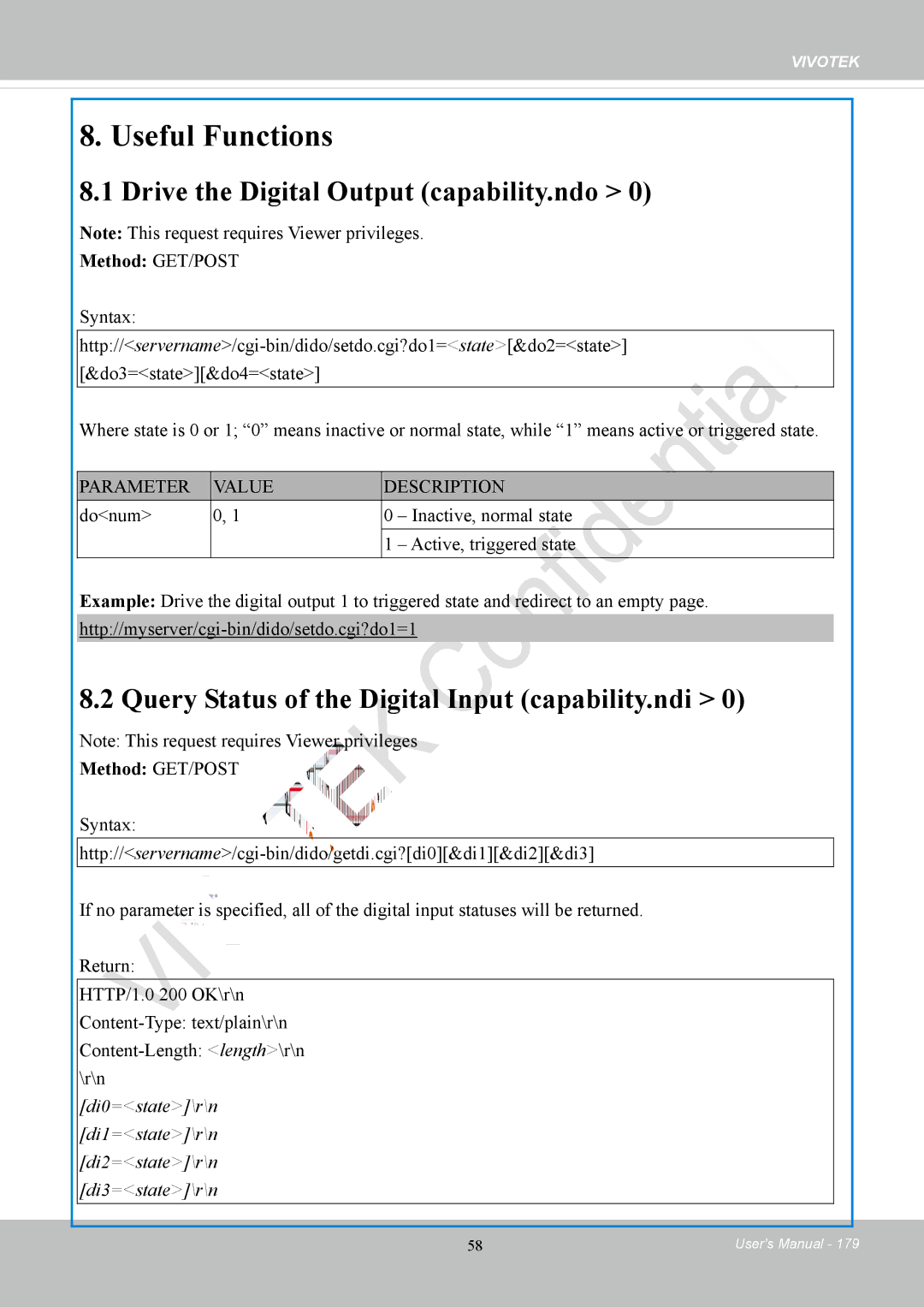 Vivotek IP8152 user manual Drive the Digital Output capability.ndo, Query Status of the Digital Input capability.ndi 