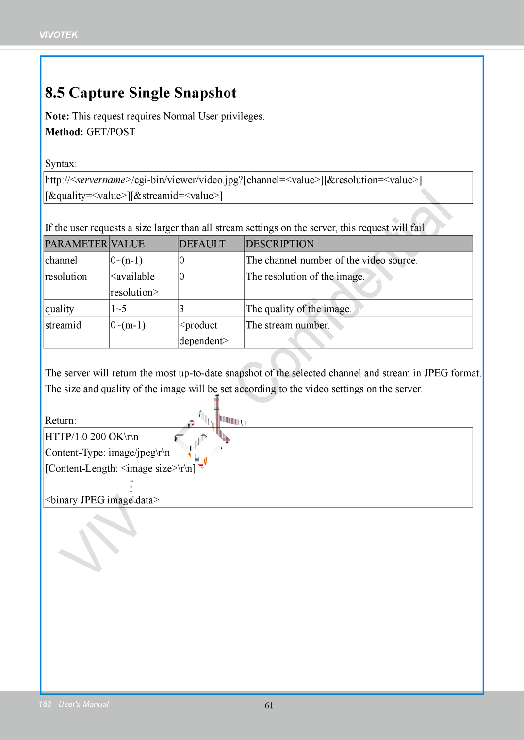 Vivotek IP8152 user manual Capture Single Snapshot, Parameter Value Default Description 