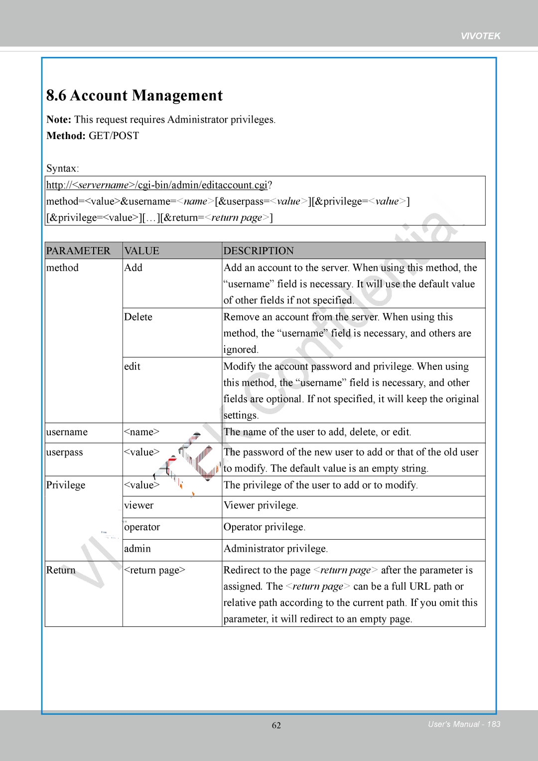 Vivotek IP8152 user manual Account Management 