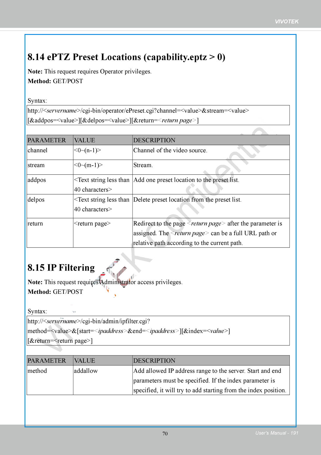 Vivotek IP8152 user manual EPTZ Preset Locations capability.eptz, IP Filtering 