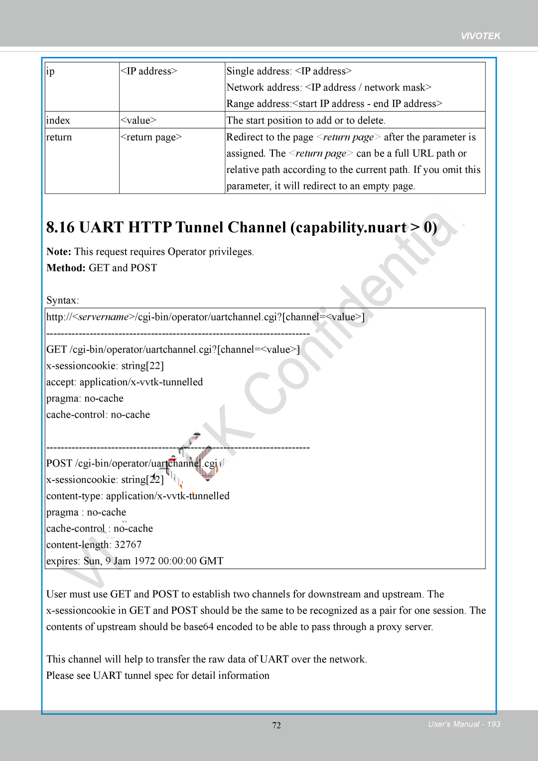 Vivotek IP8152 user manual Uart Http Tunnel Channel capability.nuart 