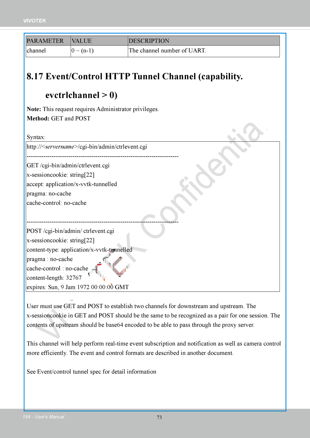 Vivotek IP8152 Event/Control Http Tunnel Channel capability. evctrlchannel, Channel ~ n-1 Channel number of Uart 