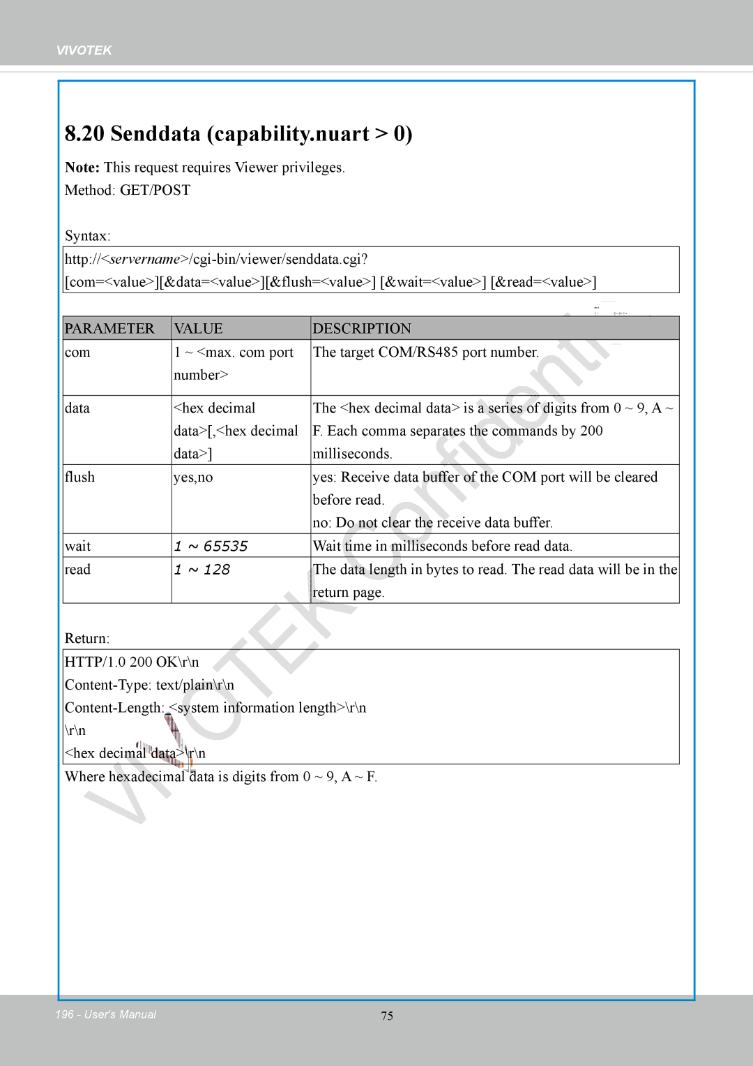 Vivotek IP8152 user manual Senddata capability.nuart 