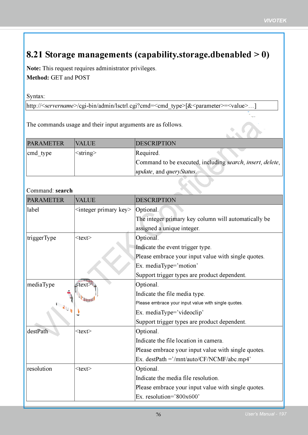 Vivotek IP8152 user manual Storage managements capability.storage.dbenabled, Command search 