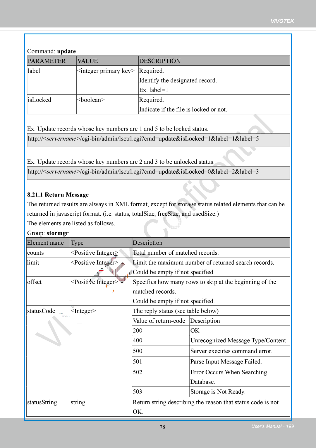 Vivotek IP8152 user manual Command update, Return Message 