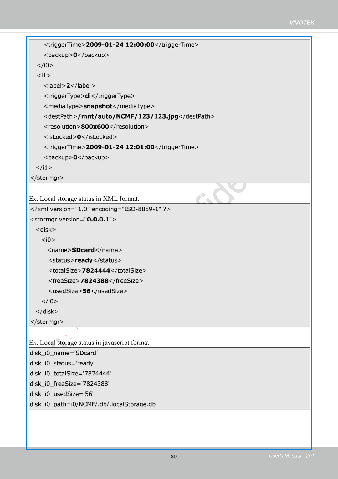 Vivotek IP8152 user manual Ex. Local storage status in XML format, Ex. Local storage status in javascript format 