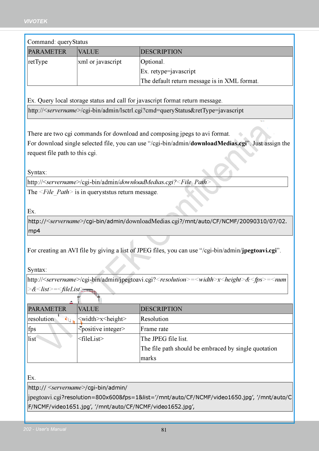 Vivotek IP8152 user manual Command queryStatus, FilePath is in queryststus return message 