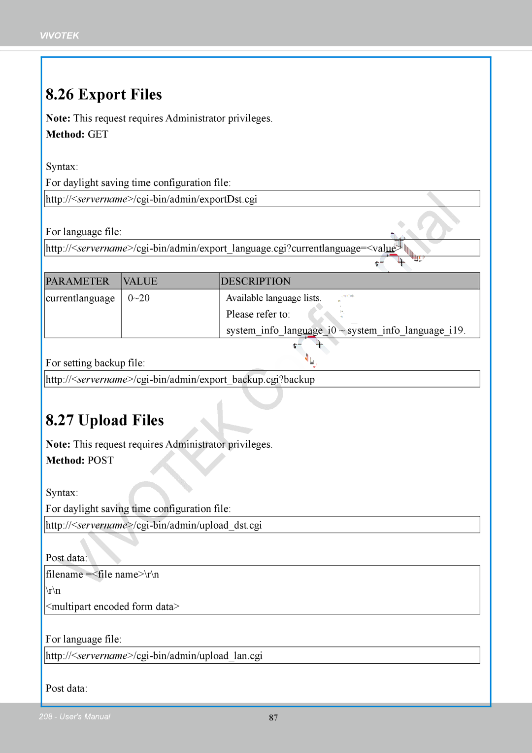 Vivotek IP8152 user manual Export Files, Upload Files, Currentlanguage ~20 