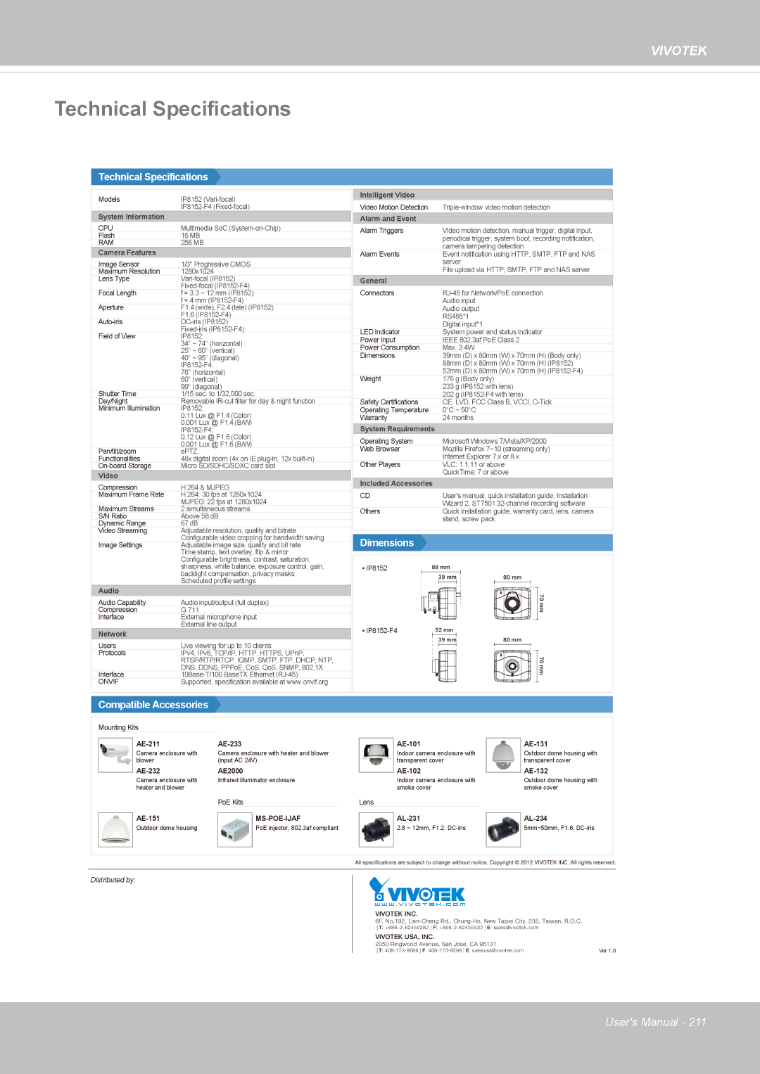 Vivotek IP8152 user manual Technical Specifications 