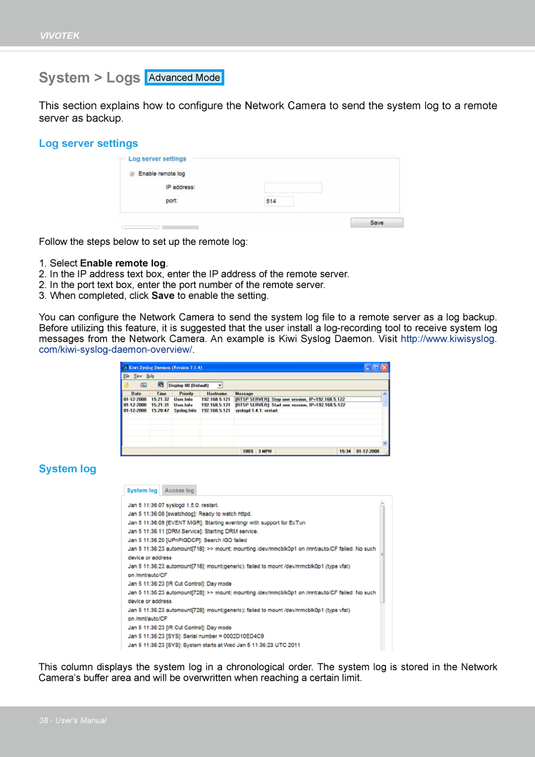 Vivotek IP8152 user manual System Logs, Log server settings, System log 