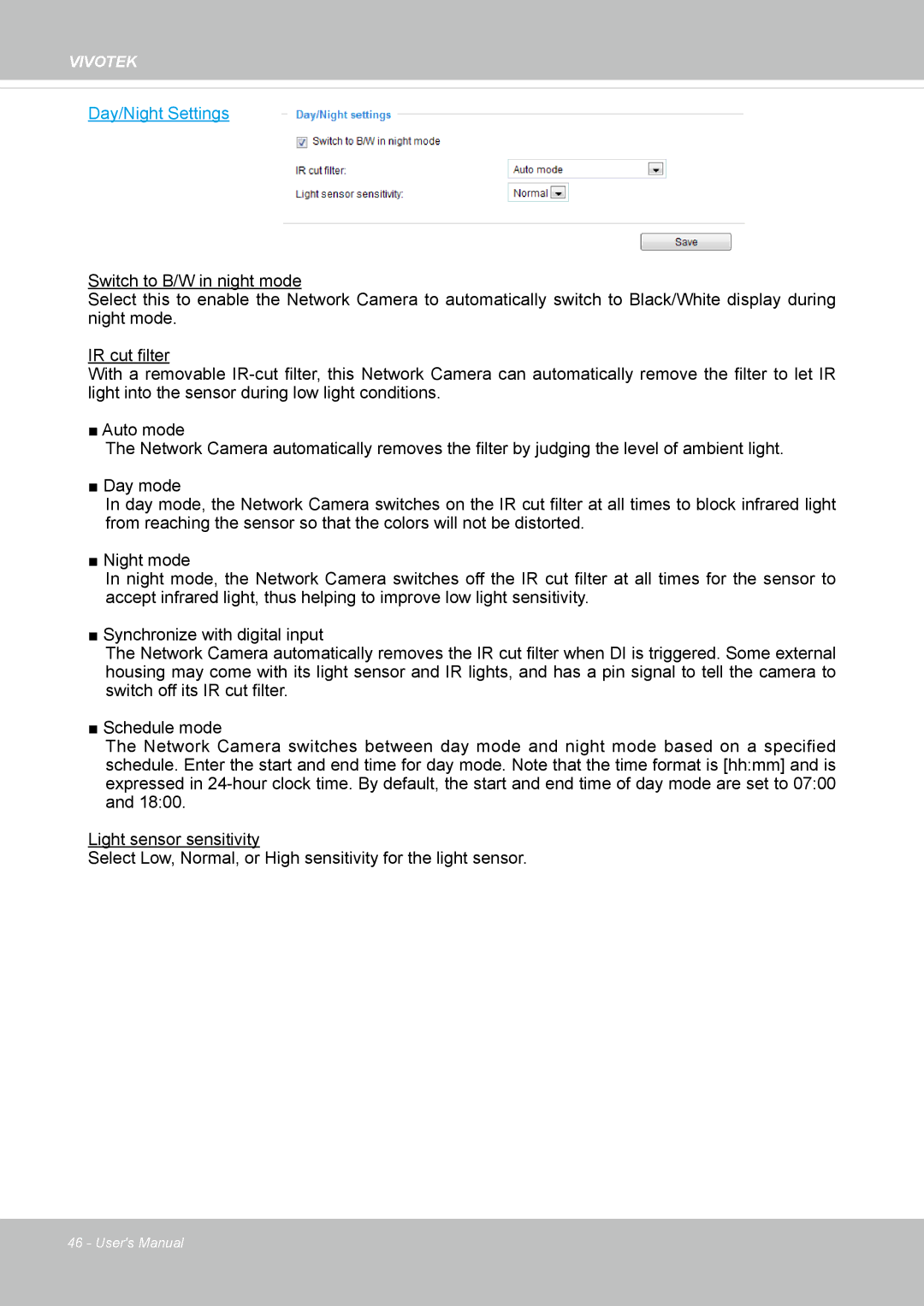 Vivotek IP8152 user manual Day/Night Settings 