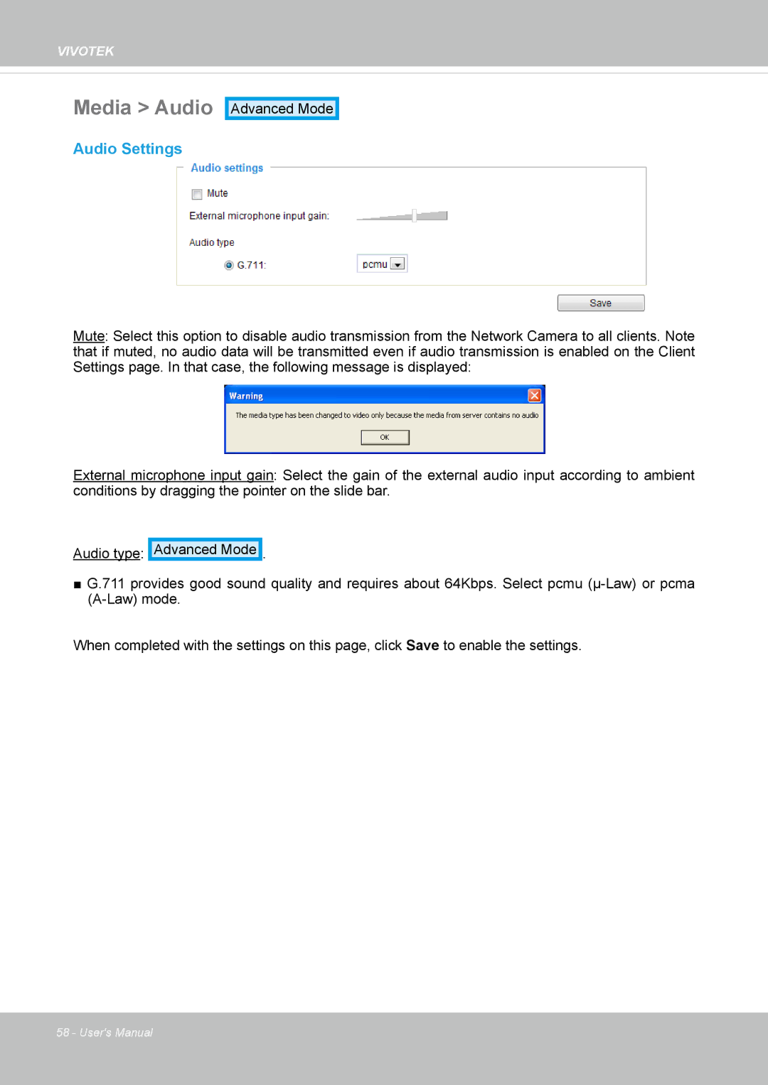 Vivotek IP8152 user manual Media Audio, Audio Settings 