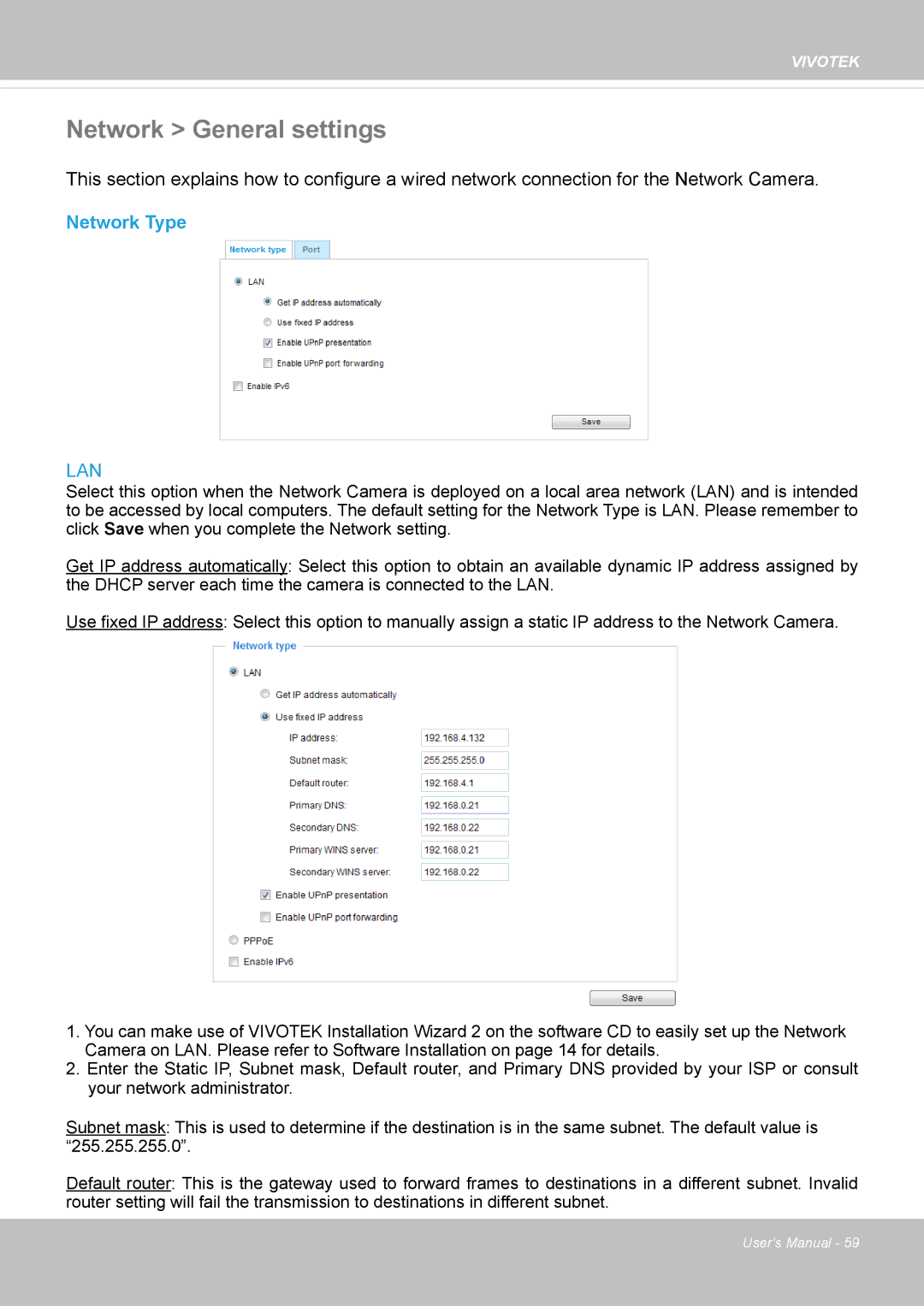 Vivotek IP8152 user manual Network General settings, Network Type 