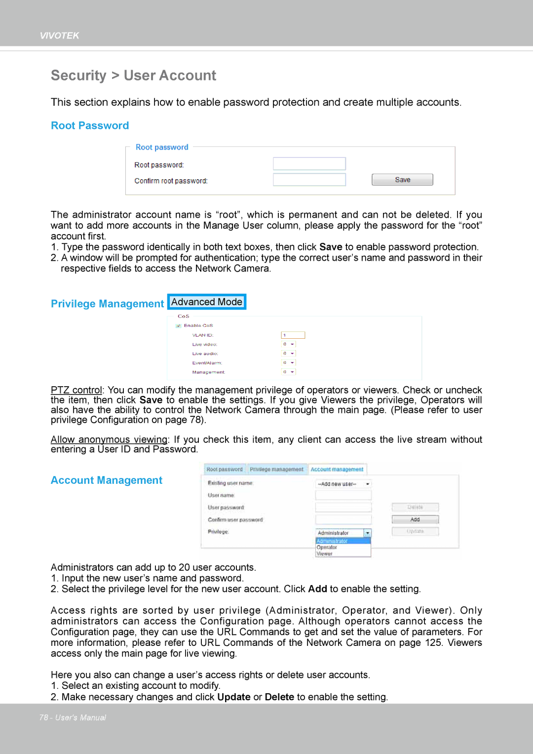 Vivotek IP8152 user manual Security User Account, Root Password, Privilege Management, Account Management 