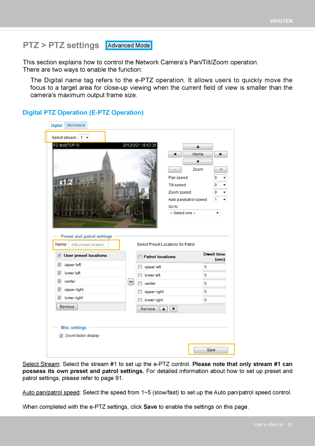 Vivotek IP8152 user manual PTZ PTZ settings, X1.2 