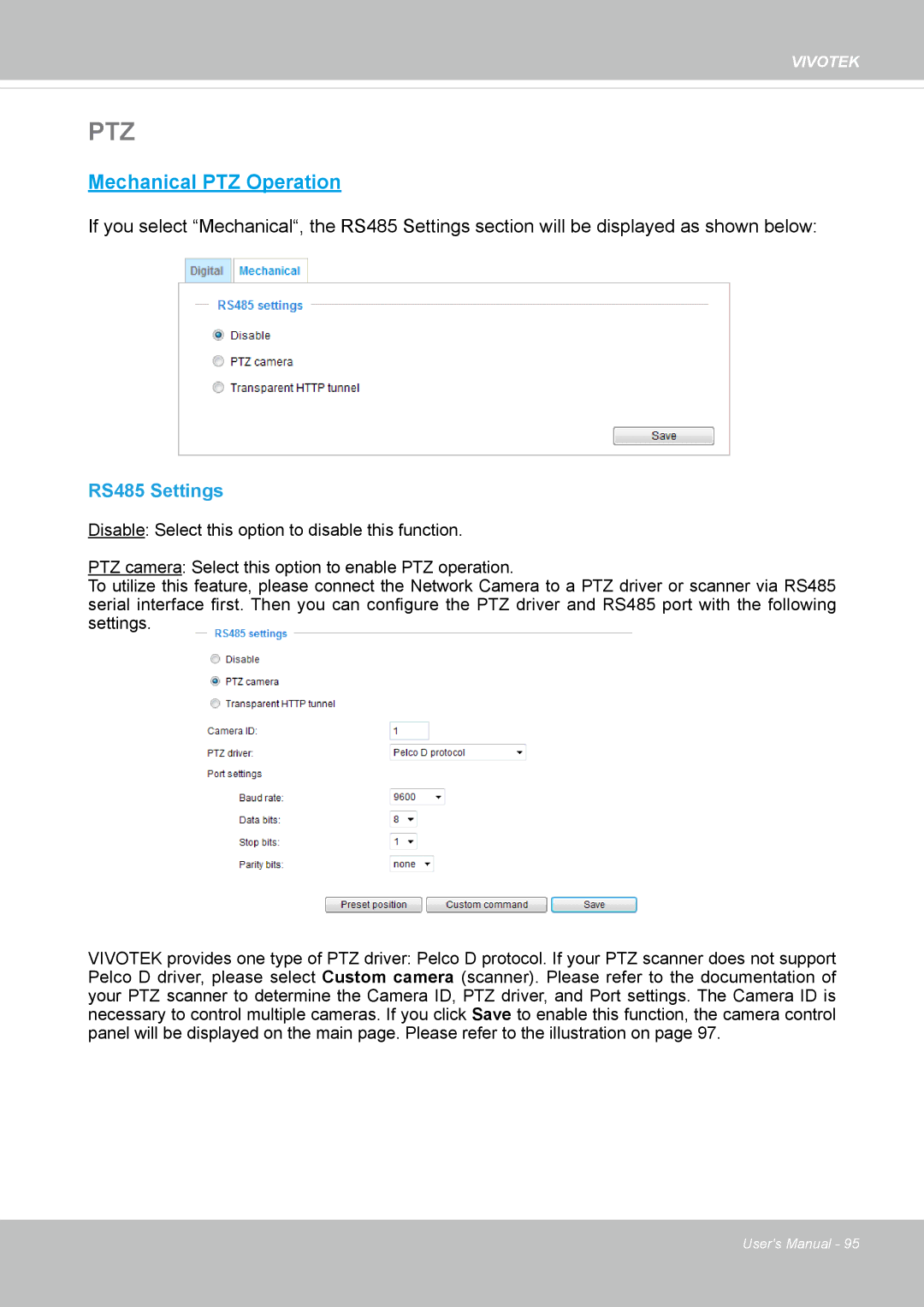 Vivotek IP8152 user manual Ptz, RS485 Settings 