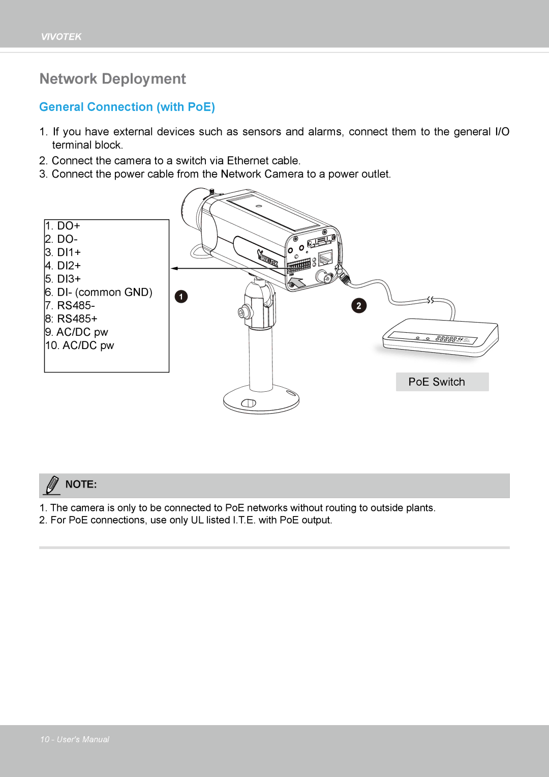 Vivotek IP8155, 65HP user manual Network Deployment, General Connection with PoE 