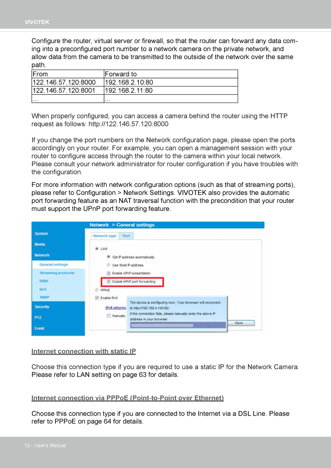 Vivotek IP8155, 65HP user manual Internet connection with static IP 