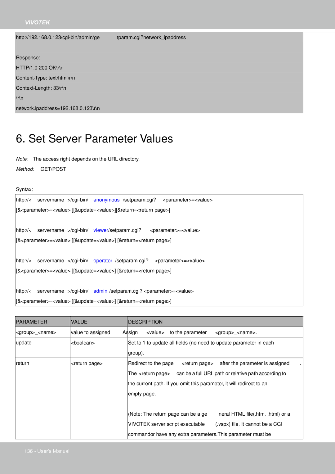 Vivotek IP8155, 65HP user manual Set Server Parameter Values 