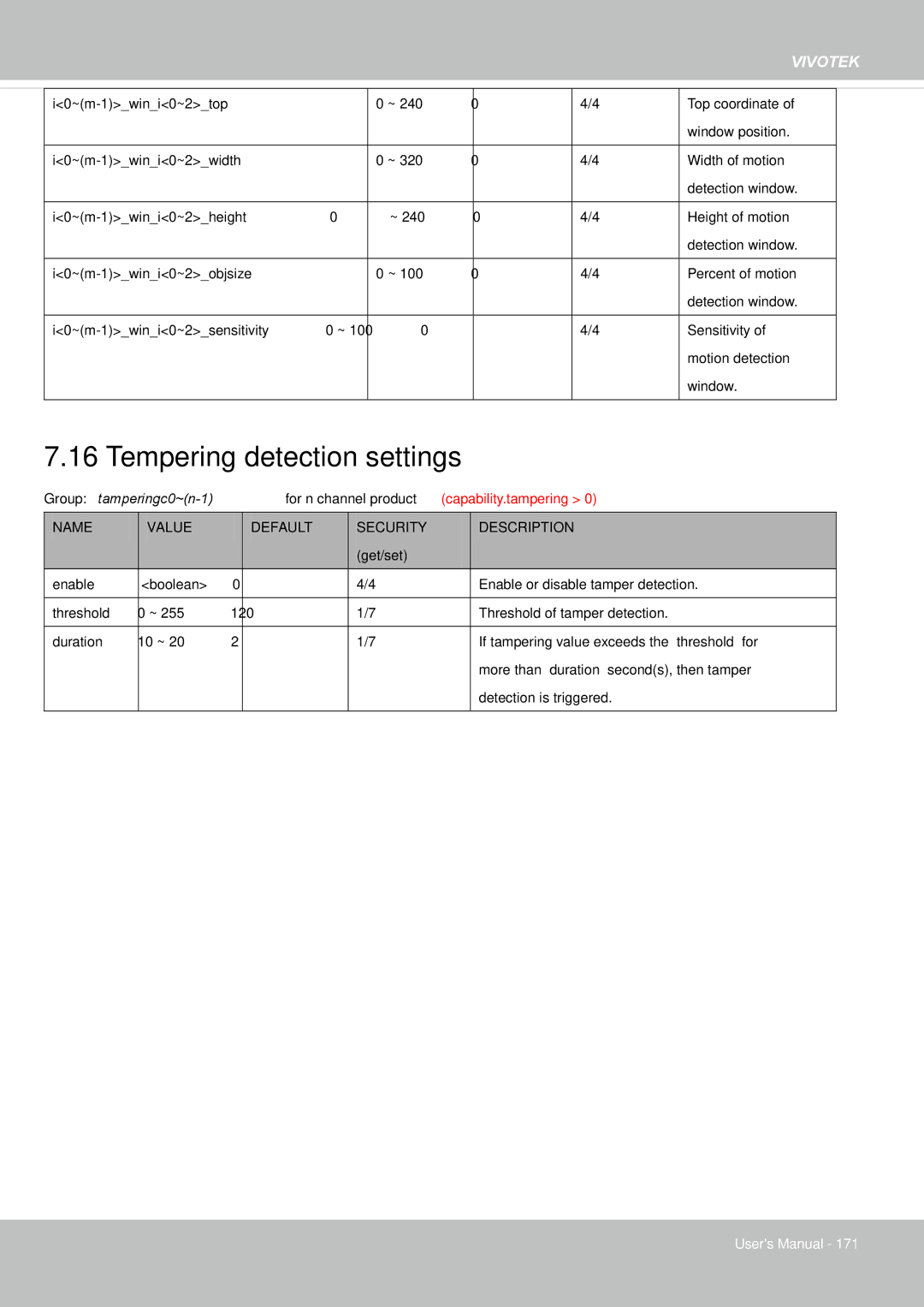 Vivotek 65HP, IP8155 user manual Tempering detection settings 