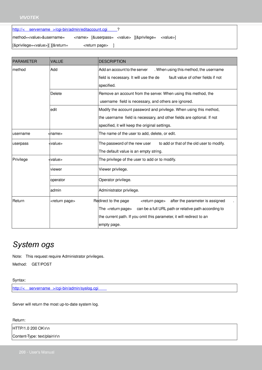 Vivotek IP8155, 65HP user manual System Logs, Http//servername/cgi-bin/admin/syslog.cgi 