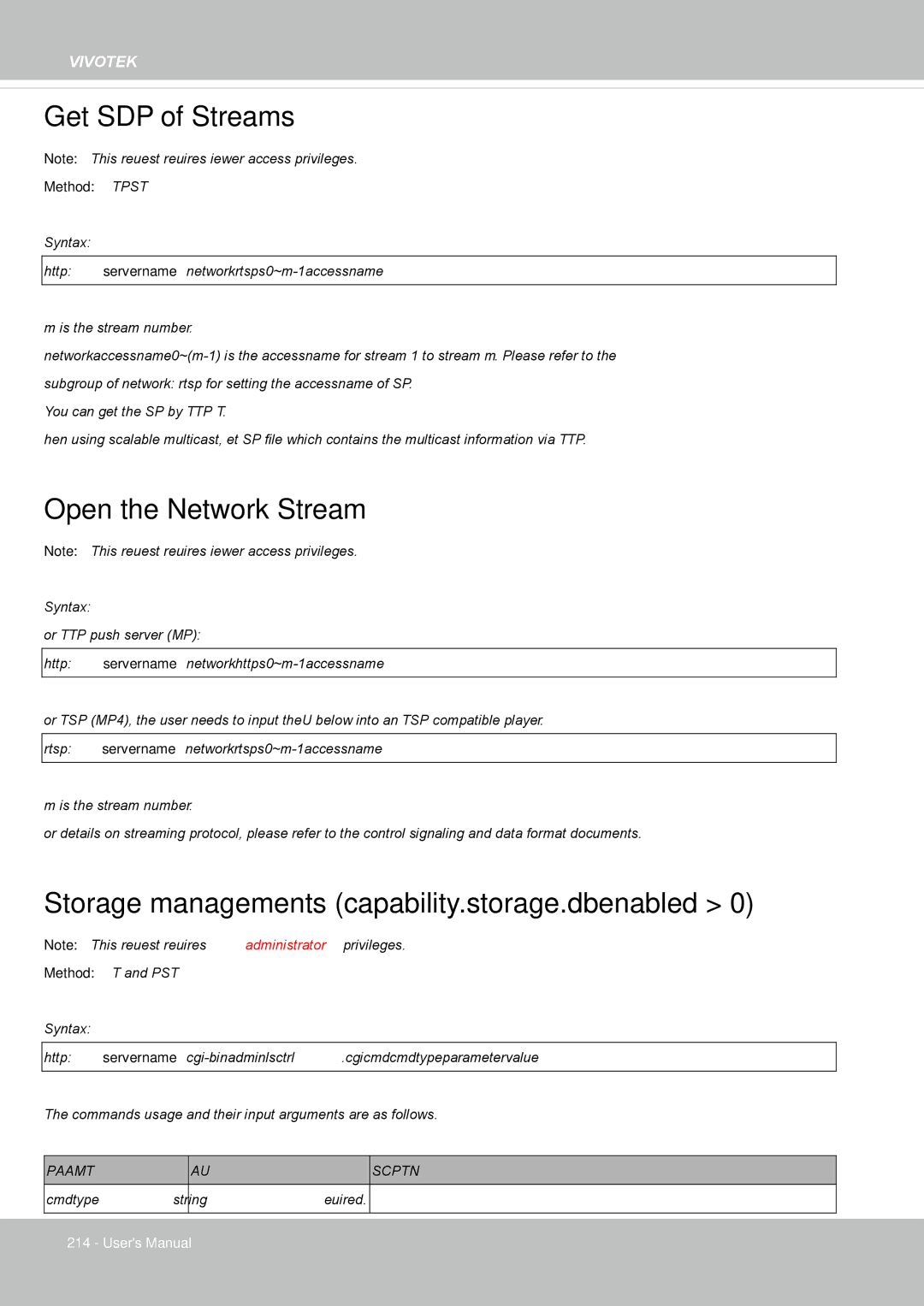 Vivotek IP8155, 65HP Get SDP of Streams, Open the Network Stream, Storage managements capability.storage.dbenabled 