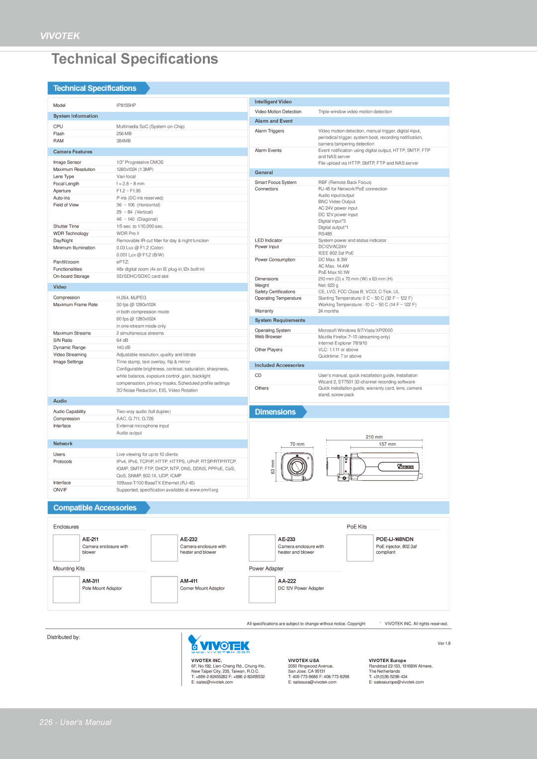 Vivotek IP8155, 65HP user manual Technical Specifications 