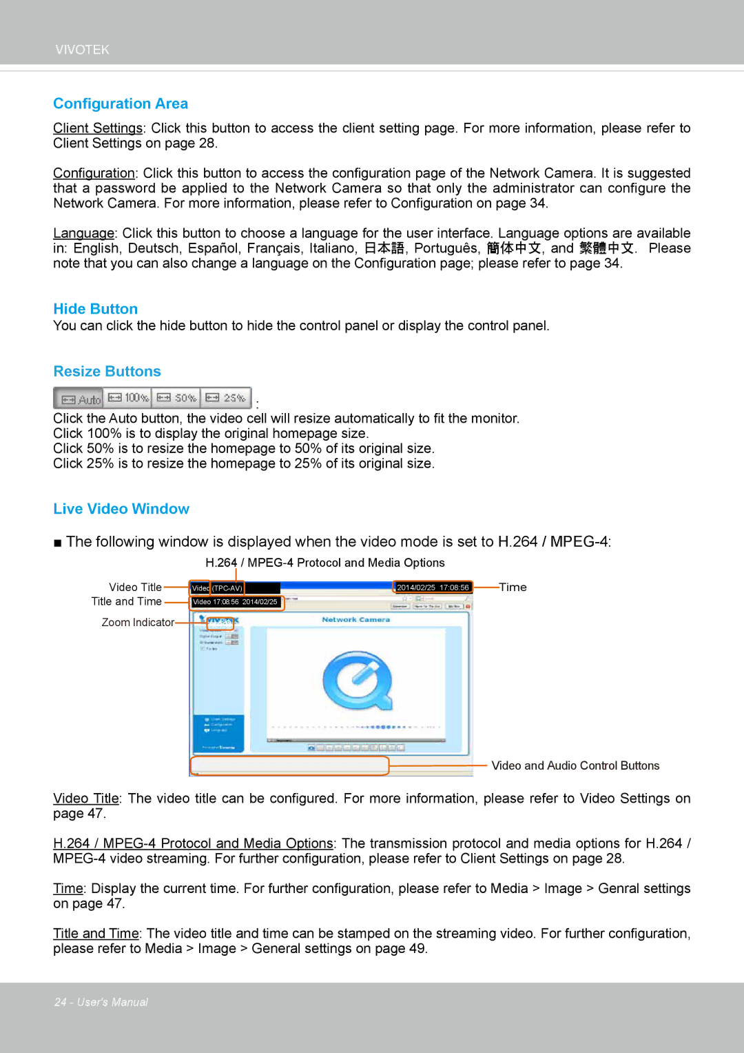 Vivotek IP8155, 65HP user manual Configuration Area, Resize Buttons 