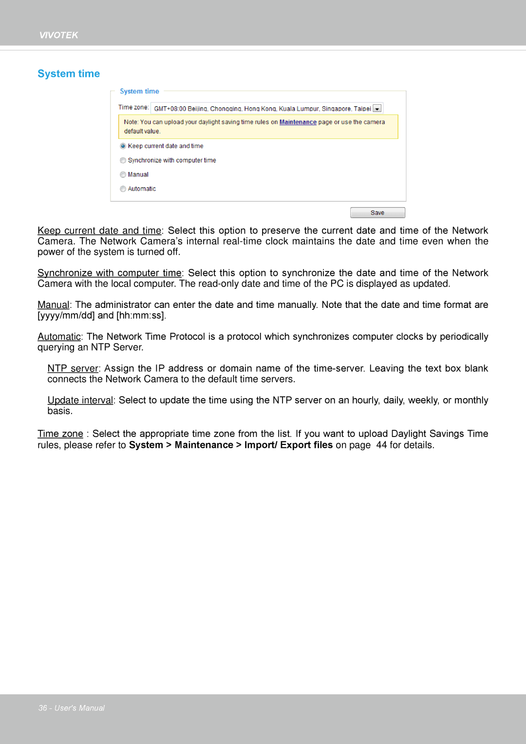 Vivotek IP8155, 65HP user manual System time 