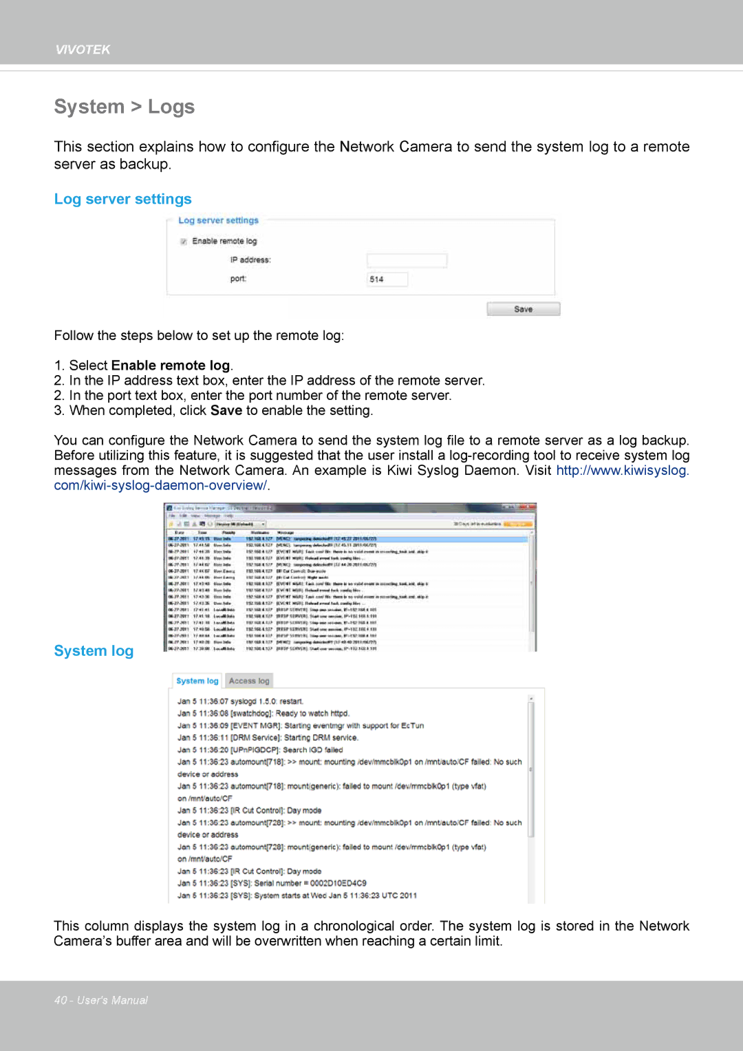 Vivotek IP8155, 65HP user manual System Logs, Log server settings, System log 