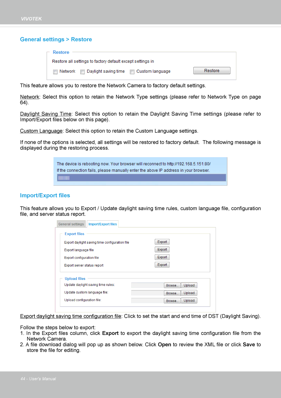 Vivotek IP8155, 65HP user manual General settings Restore, Import/Export files 