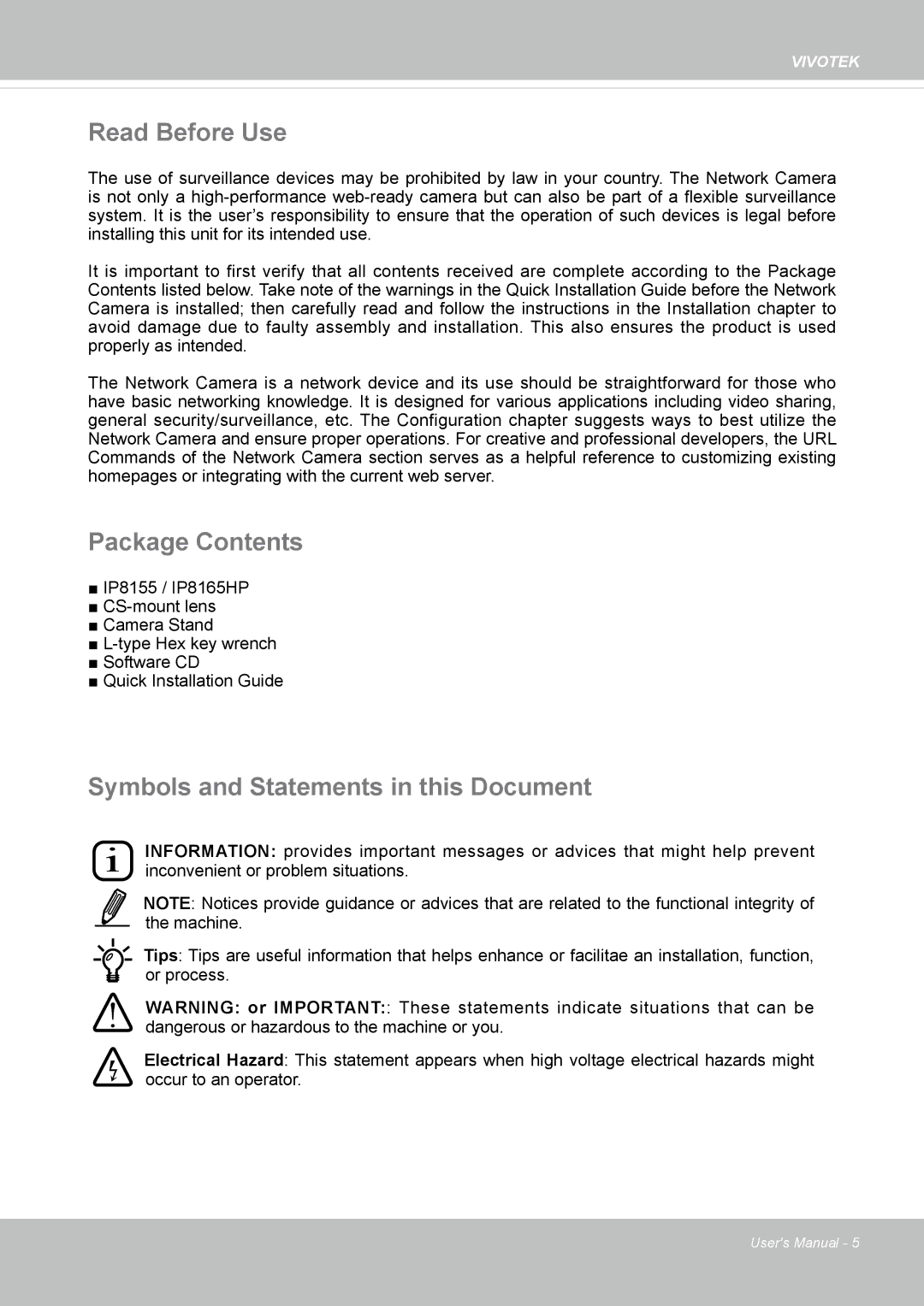 Vivotek 65HP, IP8155 user manual Read Before Use, Package Contents, Symbols and Statements in this Document 