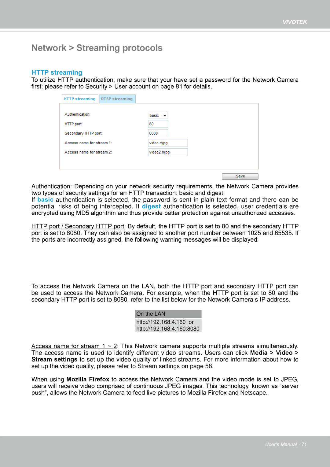 Vivotek 65HP, IP8155 user manual Network Streaming protocols, Http streaming 