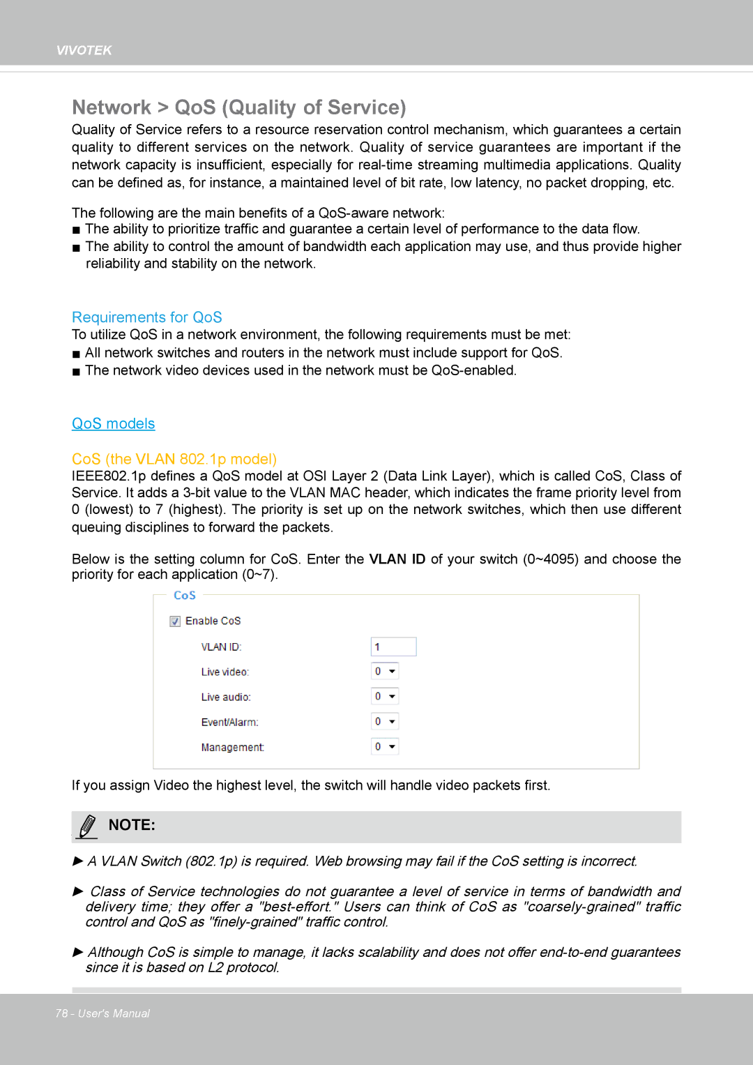 Vivotek IP8155, 65HP user manual Network QoS Quality of Service, Requirements for QoS 