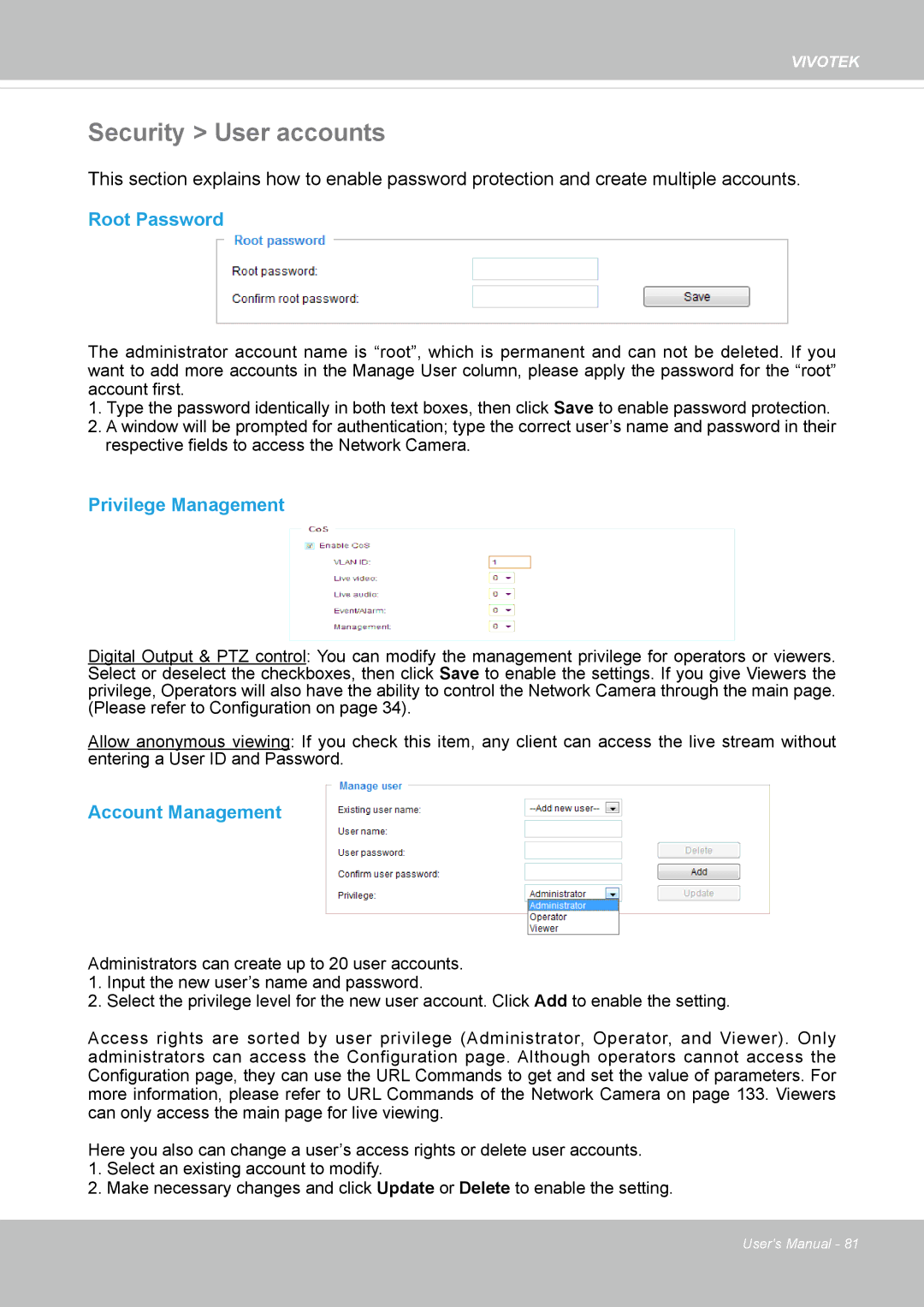 Vivotek 65HP, IP8155 user manual Security User accounts, Root Password, Privilege Management, Account Management 