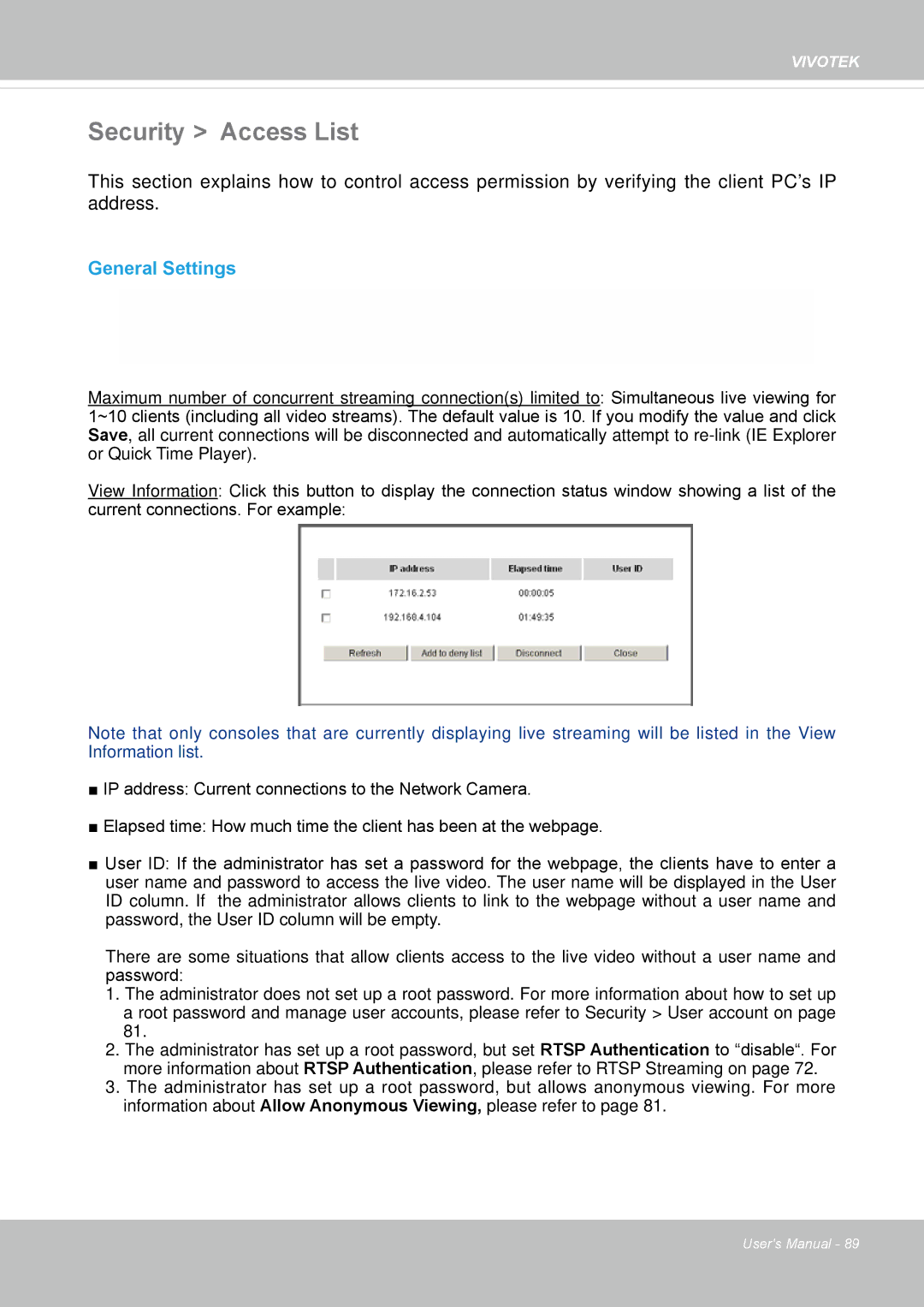 Vivotek 65HP, IP8155 user manual Security Access List, General Settings 