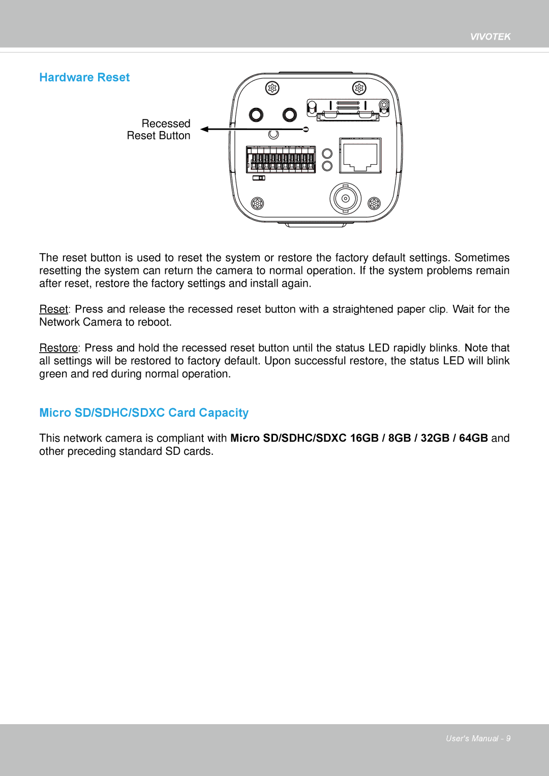 Vivotek 65HP, IP8155 user manual Hardware Reset 