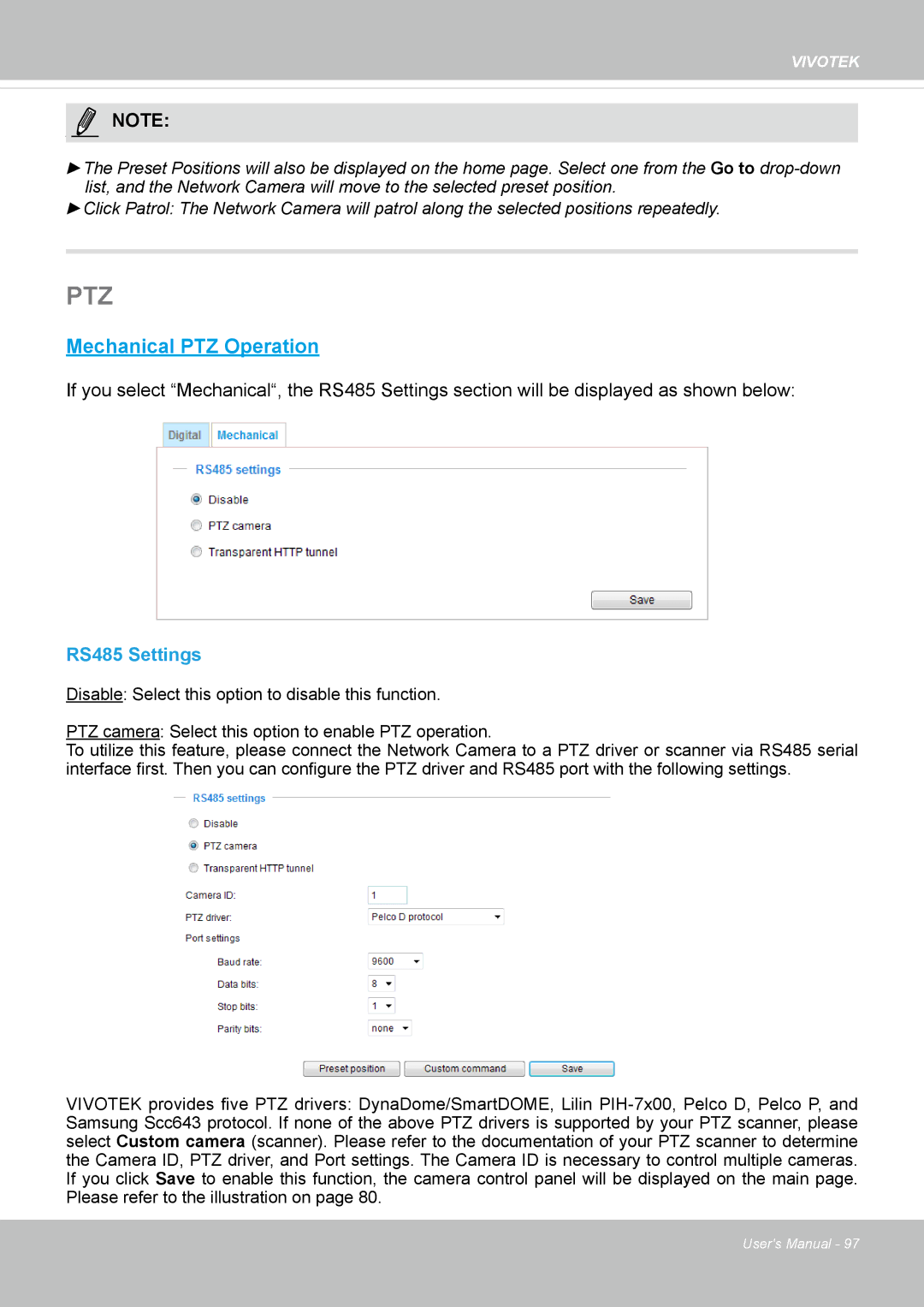 Vivotek 65HP, IP8155 user manual Ptz, RS485 Settings 