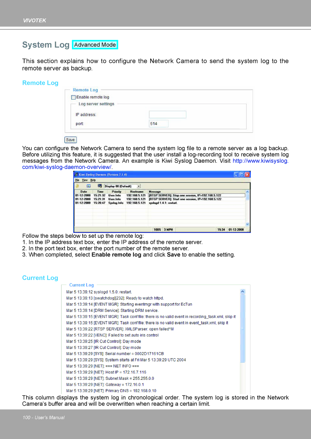 Vivotek IP8161 manual System Log, Remote Log, Current Log 