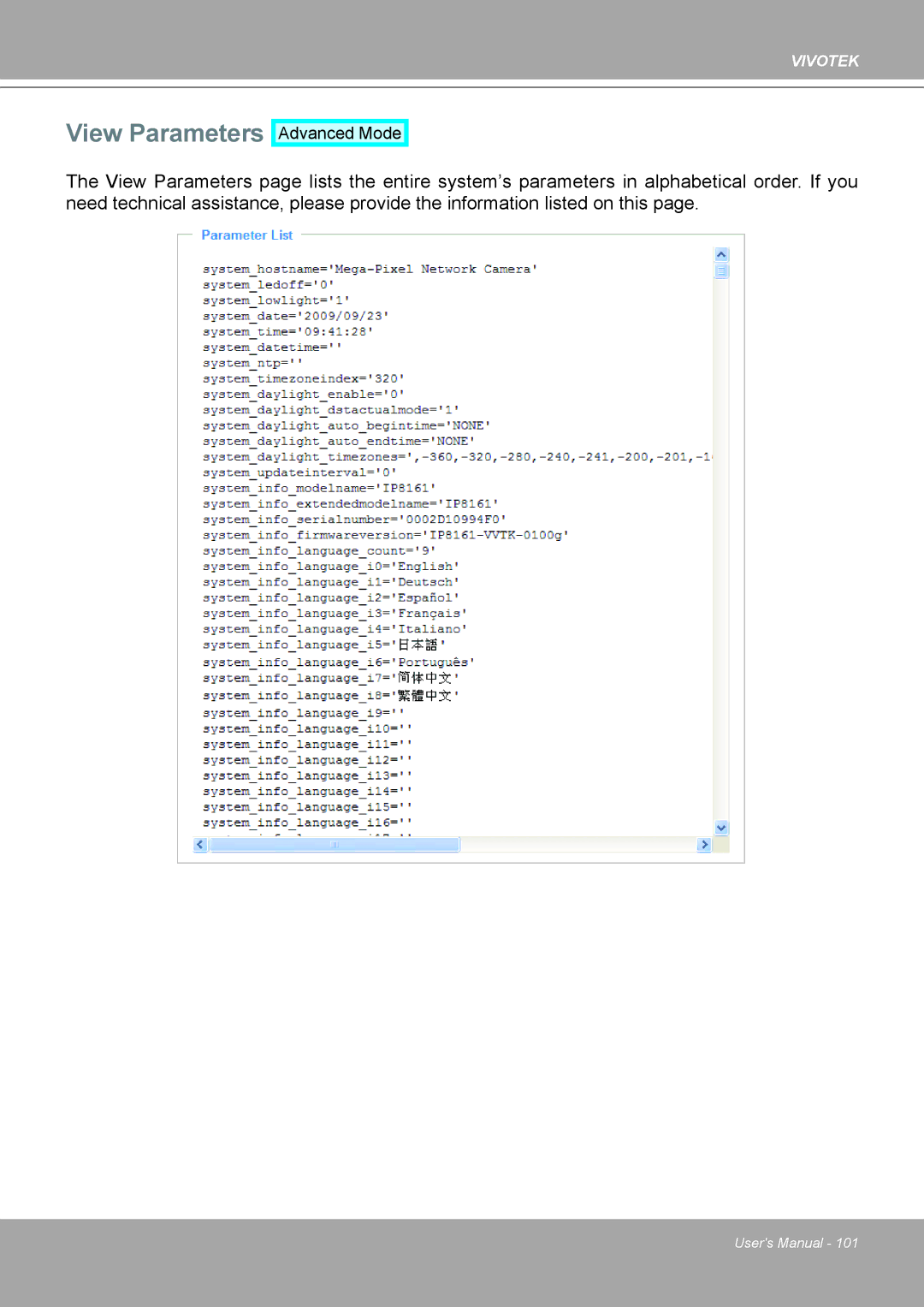 Vivotek IP8161 manual View Parameters 