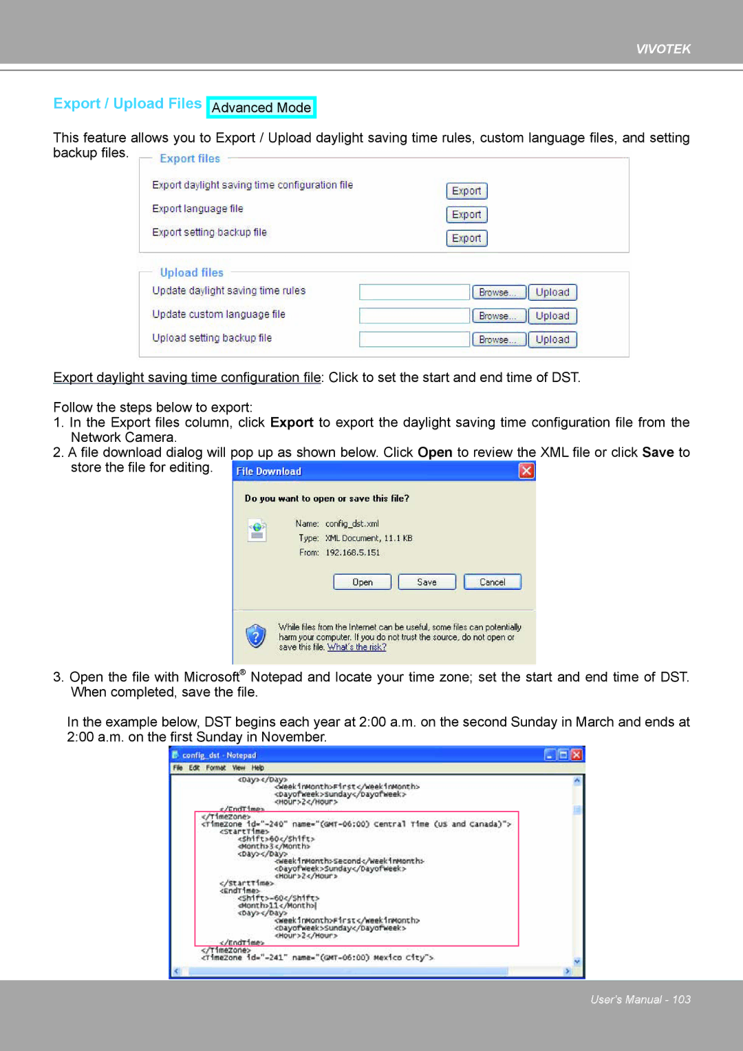 Vivotek IP8161 manual Export / Upload Files 