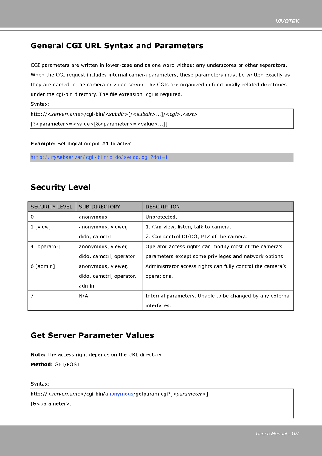 Vivotek IP8161 manual General CGI URL Syntax and Parameters, Security Level, Get Server Parameter Values 