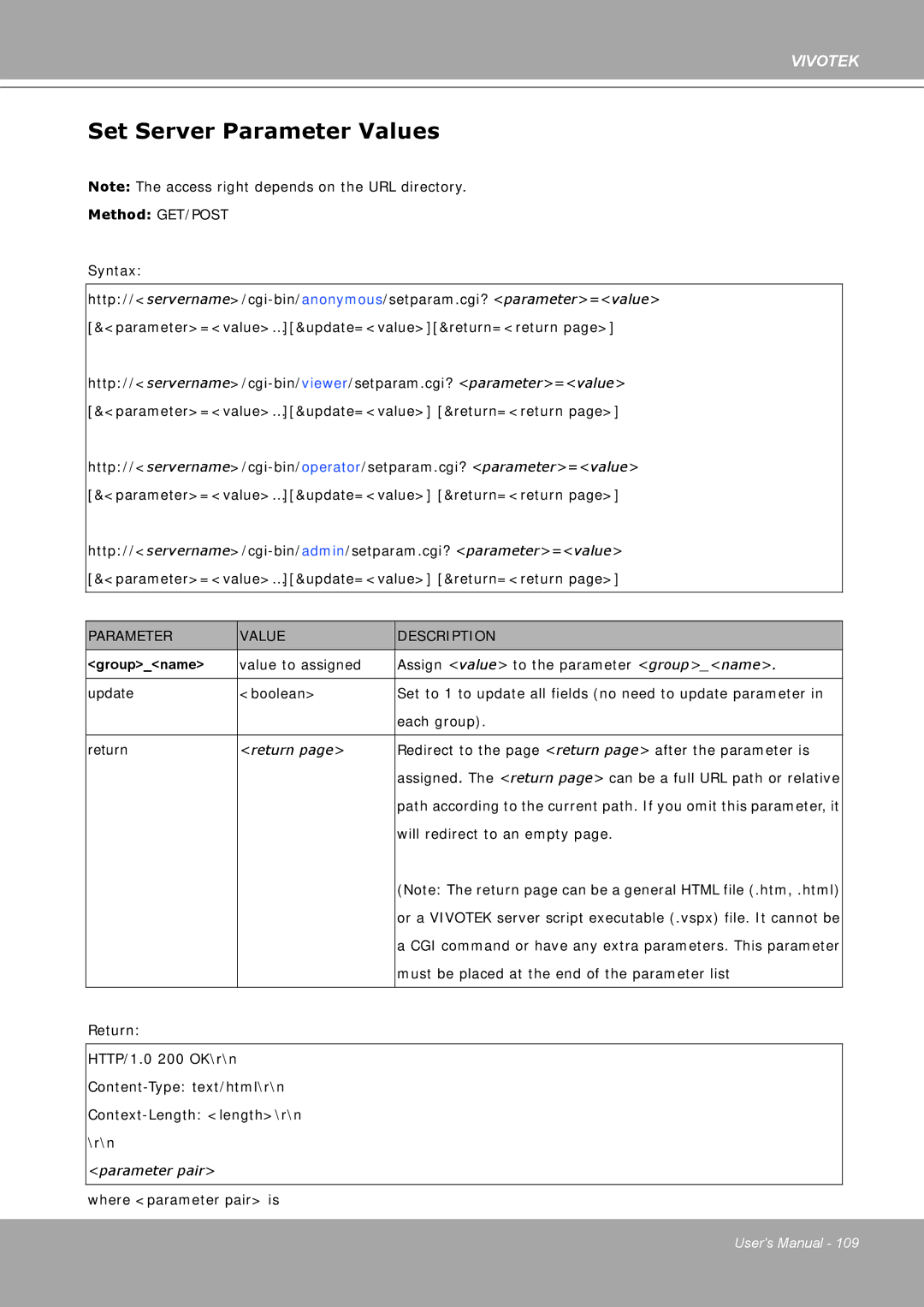 Vivotek IP8161 manual Set Server Parameter Values, Return 