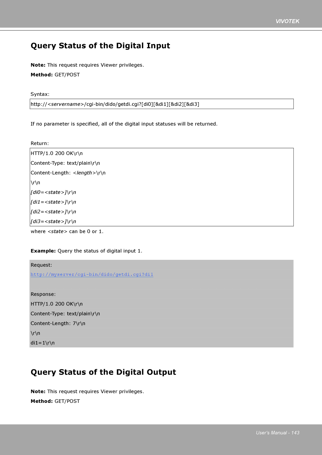 Vivotek IP8161 manual Query Status of the Digital Input, Query Status of the Digital Output 