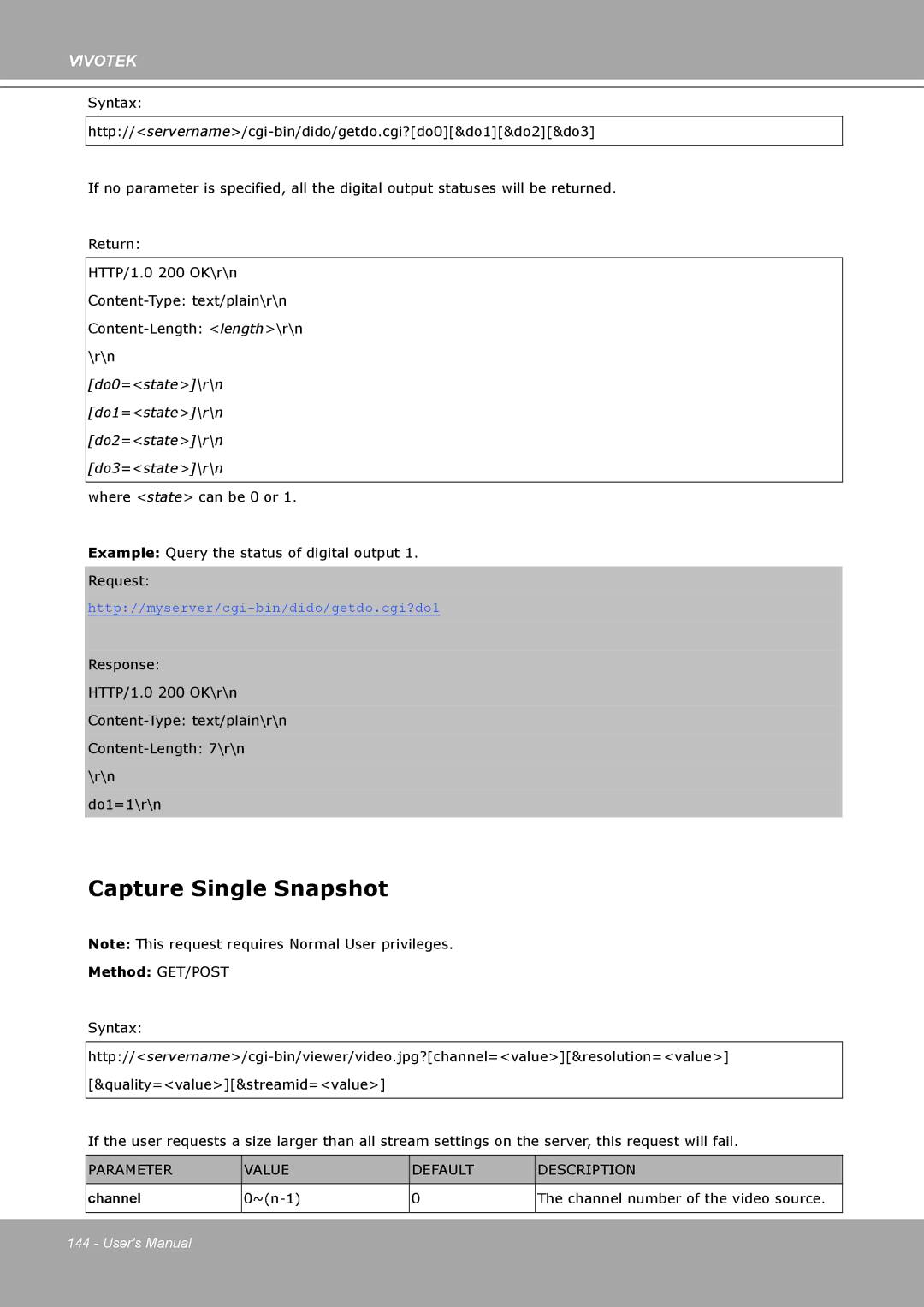 Vivotek IP8161 manual Capture Single Snapshot, Do0=state\r\n Do1=state\r\n Do2=state\r\n Do3=state\r\n 