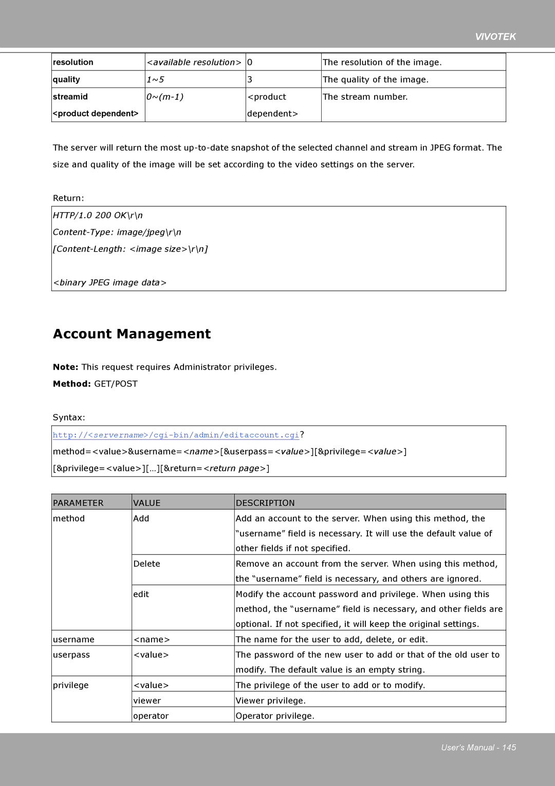 Vivotek IP8161 manual Account Management, Product dependent 