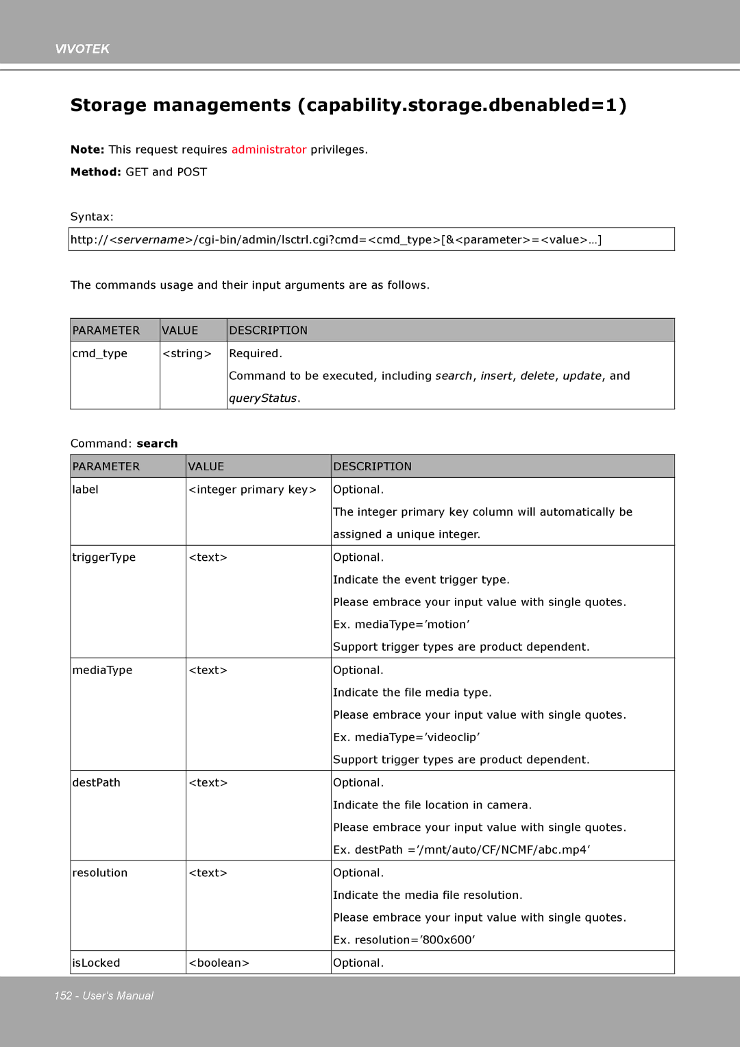 Vivotek IP8161 manual Storage managements capability.storage.dbenabled=1, QueryStatus 