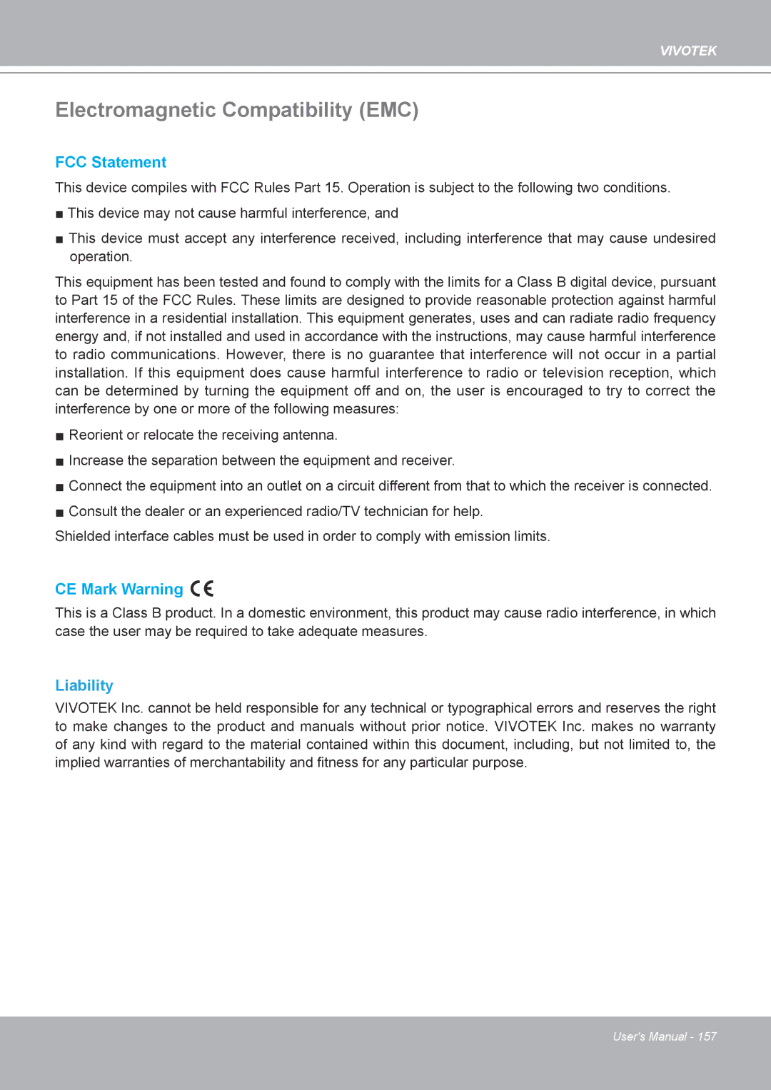 Vivotek IP8161 manual Electromagnetic Compatibility EMC, Liability 